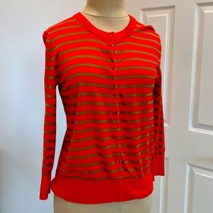 JCrew size S cardigan. 3/4 long sleeve. Bright orange red with tan stripes.